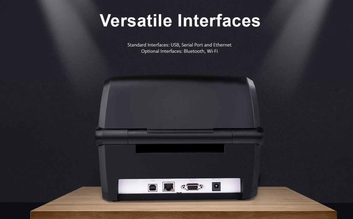 Back view of a barcode-printer showing multiple interface ports like USB, Serial, and Ethernet.