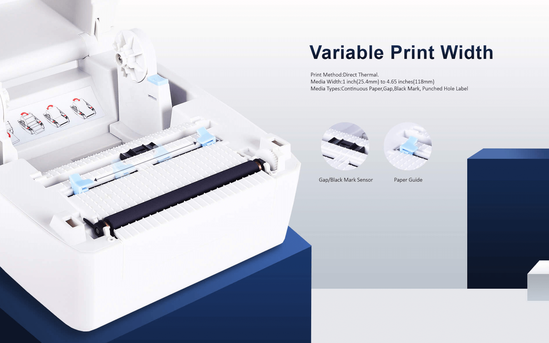 An open barcode-printer showing its internal components like the paper guide and sensor.